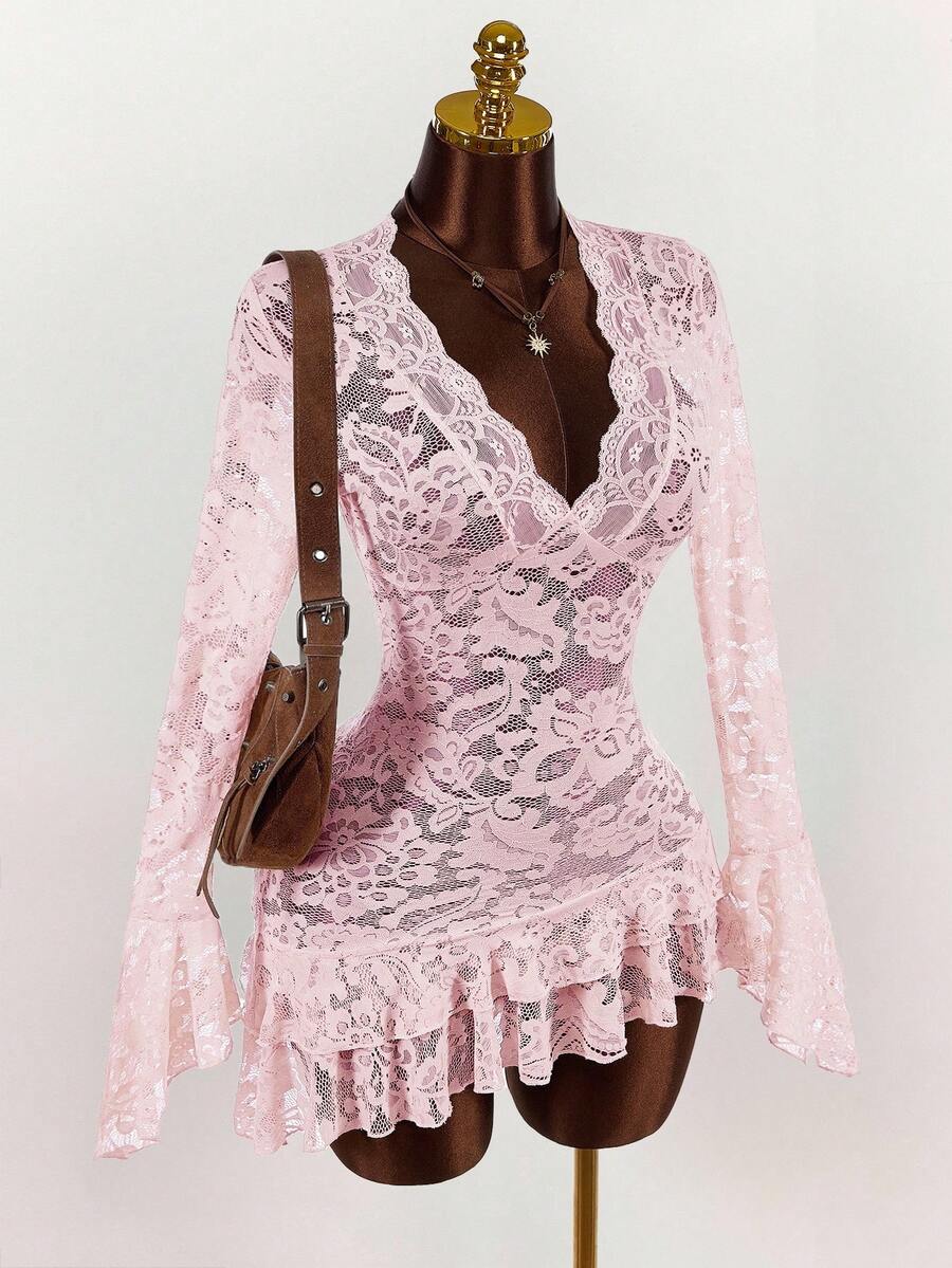 Sheer Low-Cut Hippie Style Mini Dress