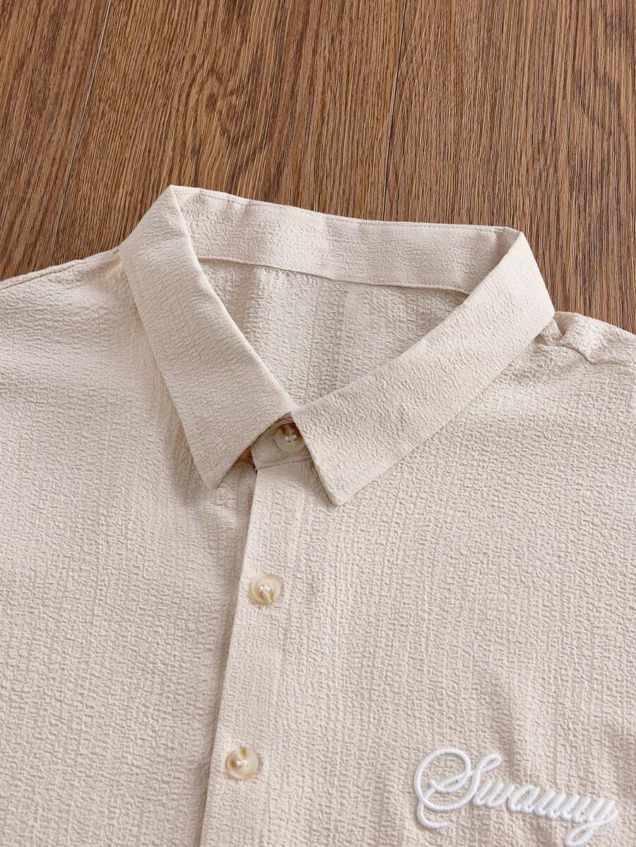 Men's Casual Fashionable Woven Short Sleeve Shirt With Embroidered Polar Bear Design, Suitable For Summer