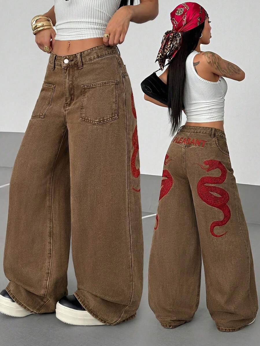 Women's Street Casual Y2K Style Embroidered Wide Leg Jeans