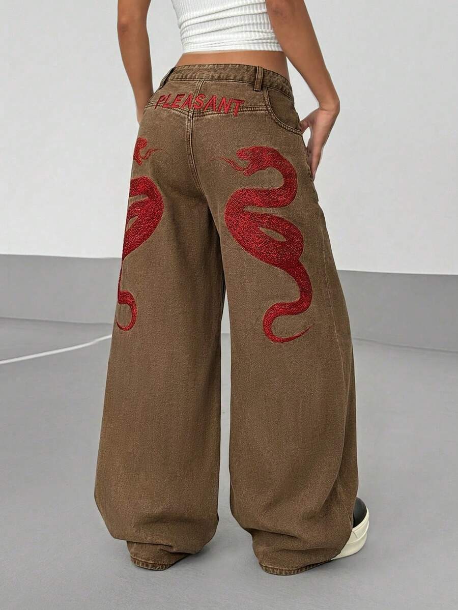 Women's Street Casual Y2K Style Embroidered Wide Leg Jeans