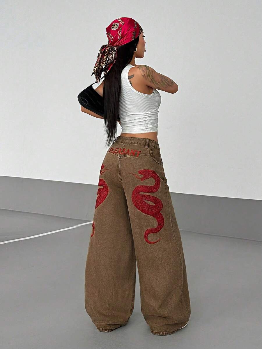 Women's Street Casual Y2K Style Embroidered Wide Leg Jeans