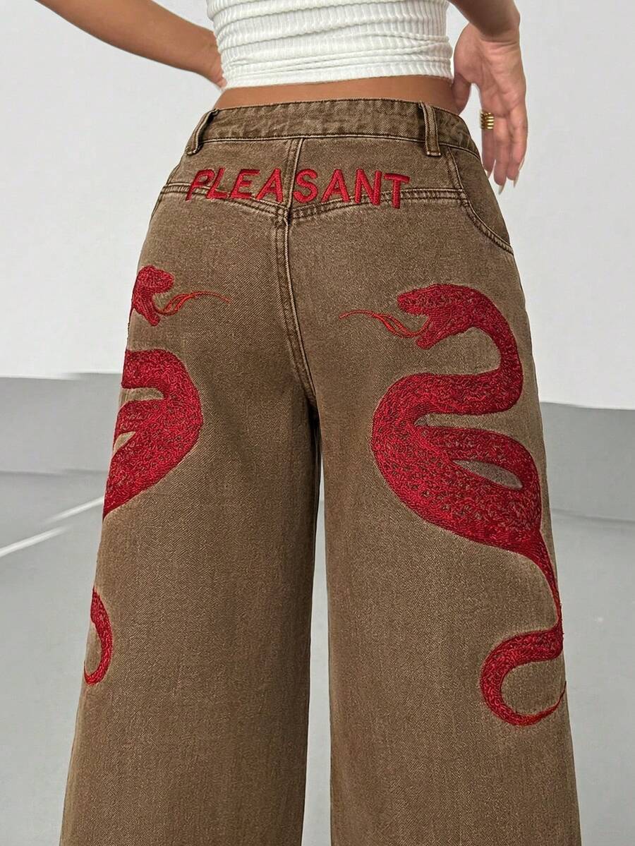 Women's Street Casual Y2K Style Embroidered Wide Leg Jeans