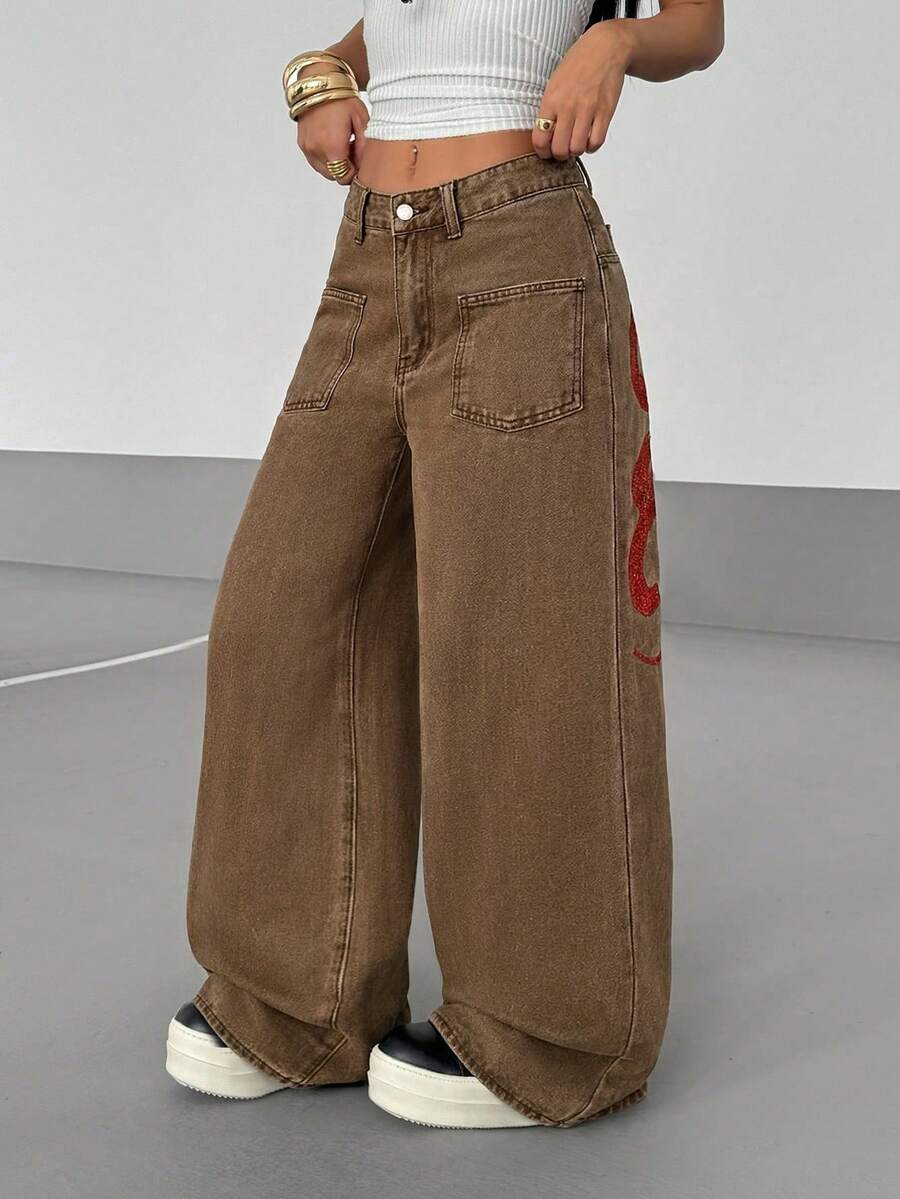 Women's Street Casual Y2K Style Embroidered Wide Leg Jeans