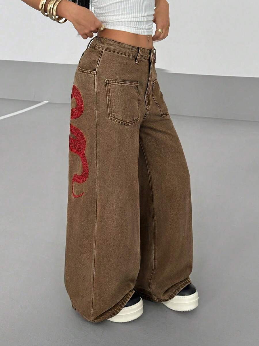 Women's Street Casual Y2K Style Embroidered Wide Leg Jeans