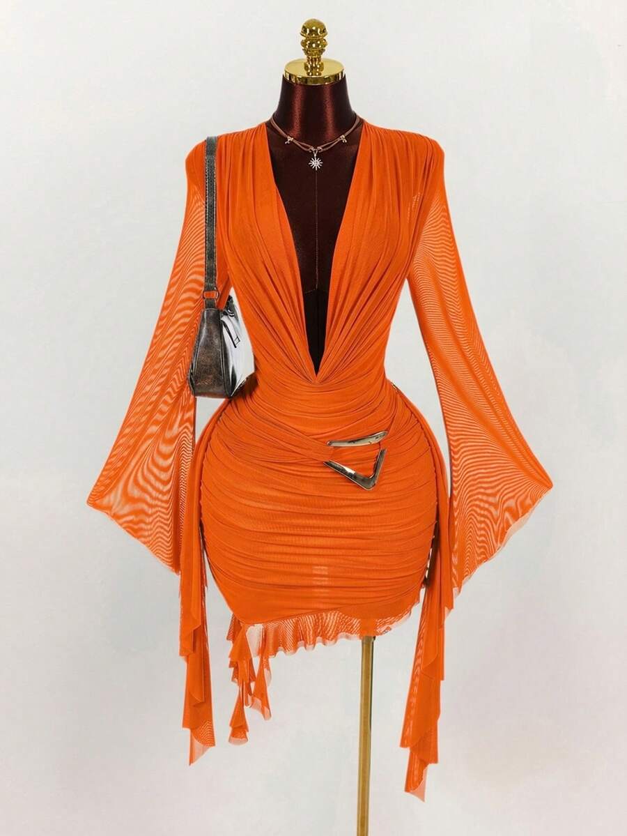 Ruffle Halter Neck Mesh Mini Dress