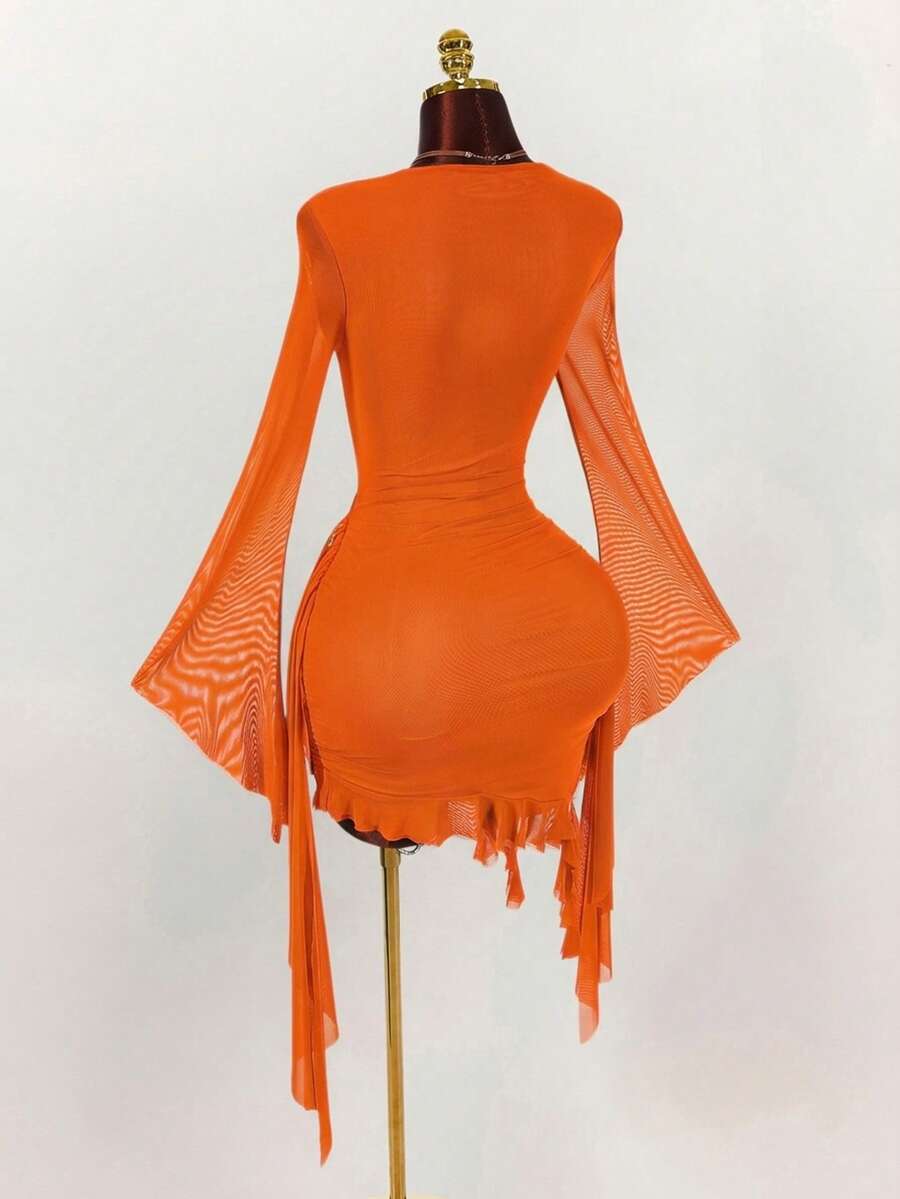 Ruffle Halter Neck Mesh Mini Dress