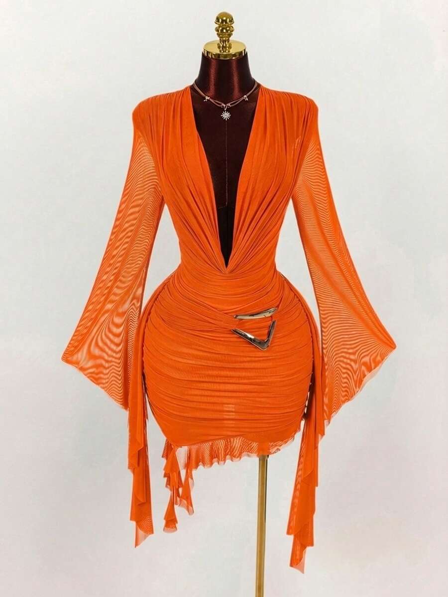Ruffle Halter Neck Mesh Mini Dress