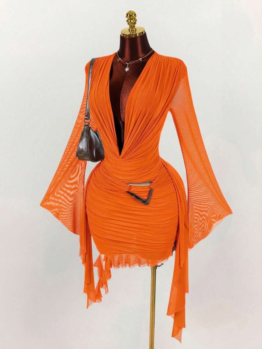 Ruffle Halter Neck Mesh Mini Dress