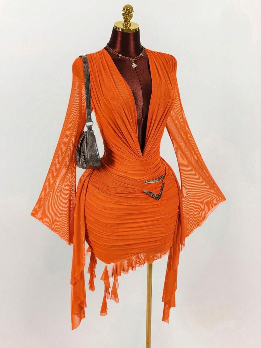 Ruffle Halter Neck Mesh Mini Dress