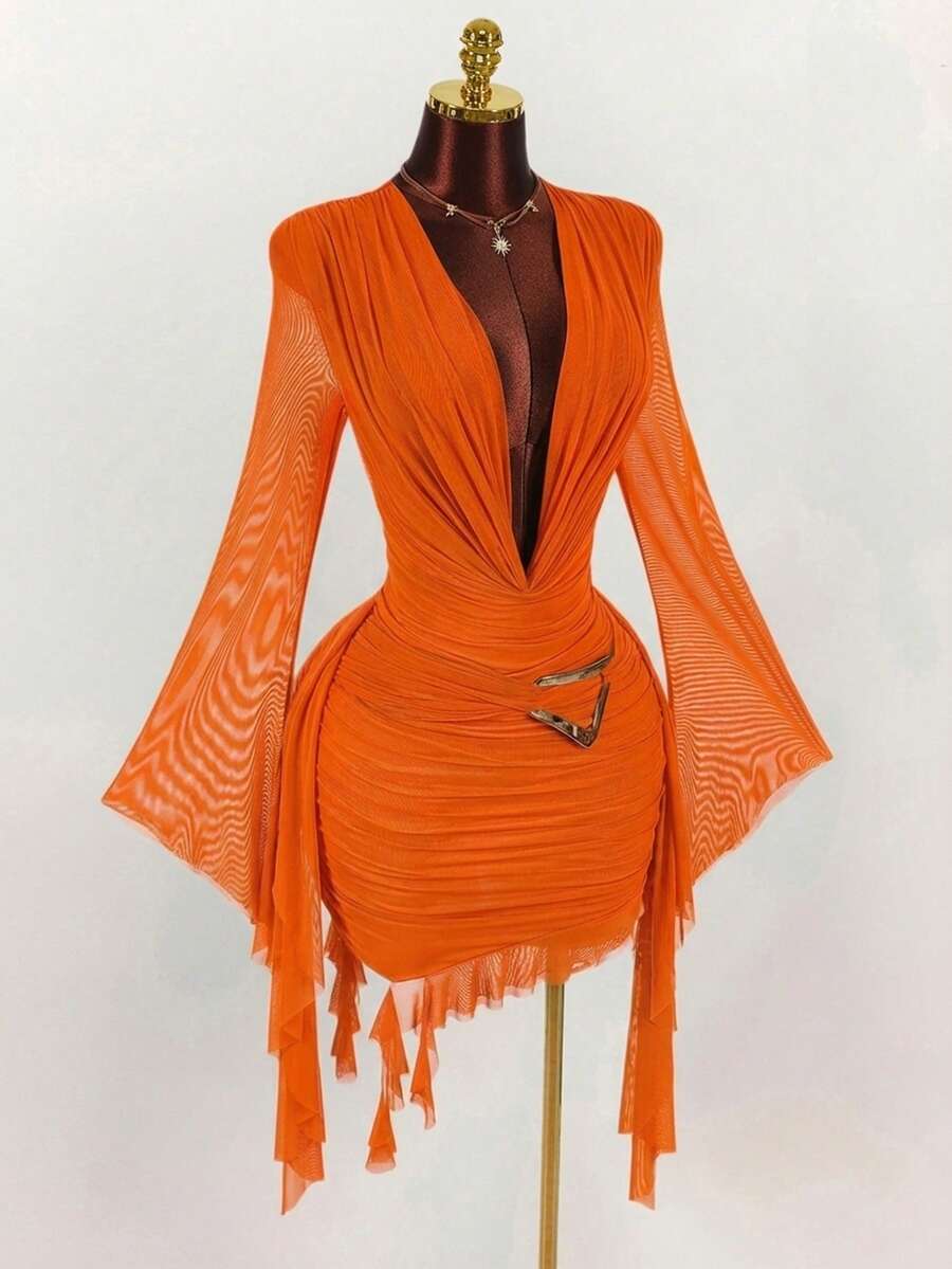 Ruffle Halter Neck Mesh Mini Dress