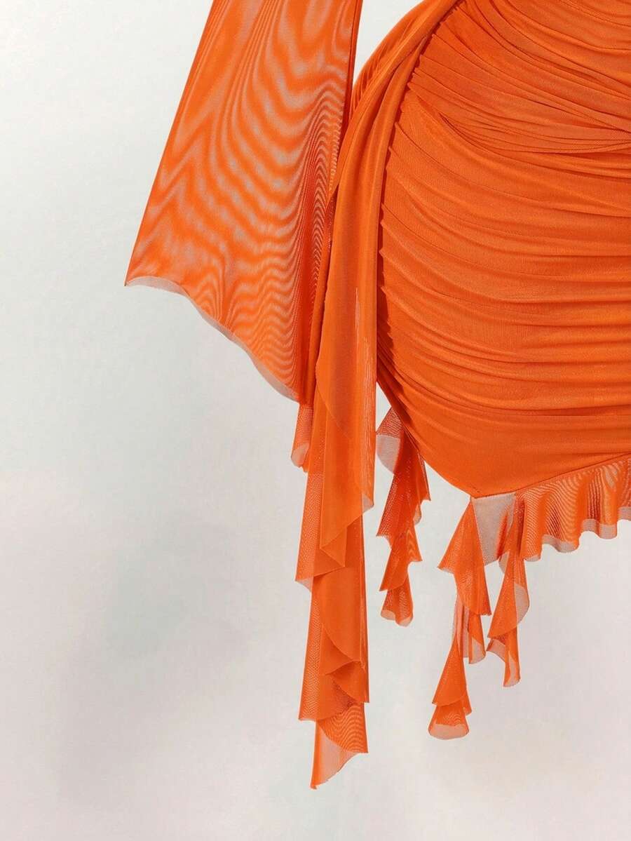 Ruffle Halter Neck Mesh Mini Dress