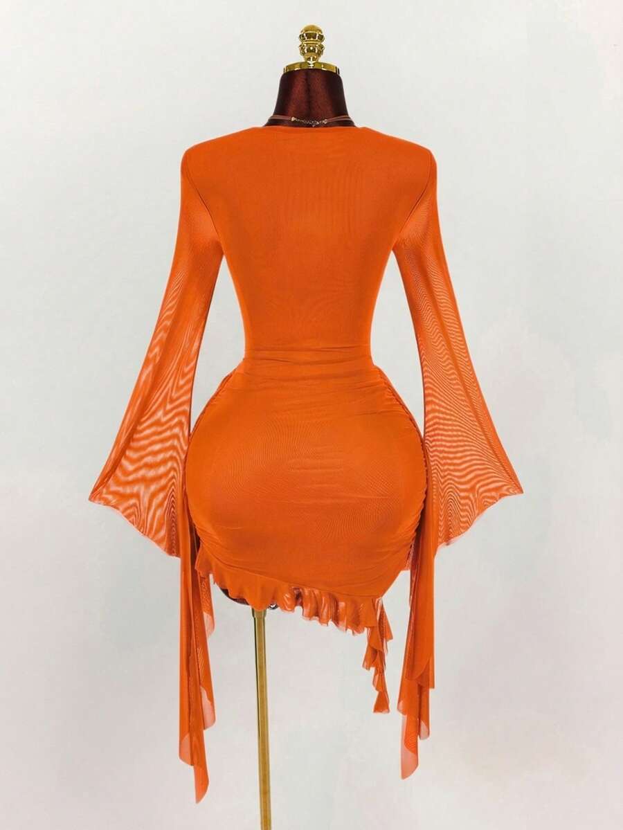 Ruffle Halter Neck Mesh Mini Dress