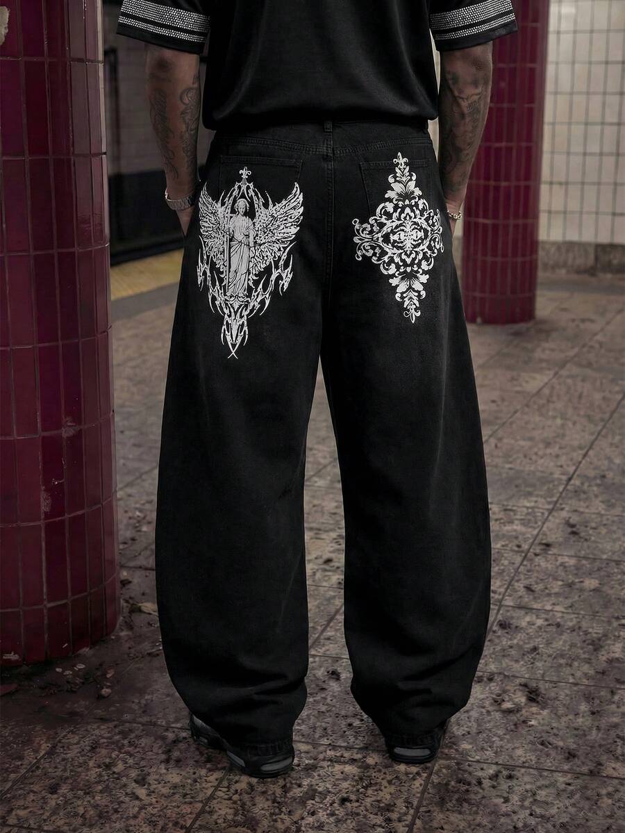 Fashionable Straight Loose Fit Patchwork Frayed Hem Men's Baggy Denim Jeans, Streetwear Style