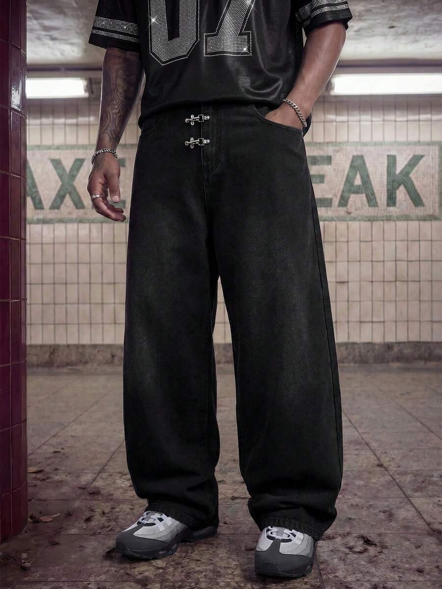 Fashionable Straight Loose Fit Patchwork Frayed Hem Men's Baggy Denim Jeans, Streetwear Style