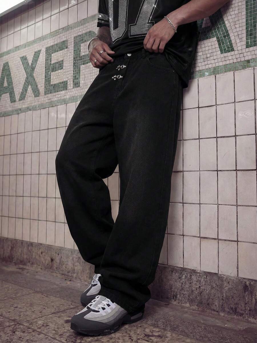 Fashionable Straight Loose Fit Patchwork Frayed Hem Men's Baggy Denim Jeans, Streetwear Style
