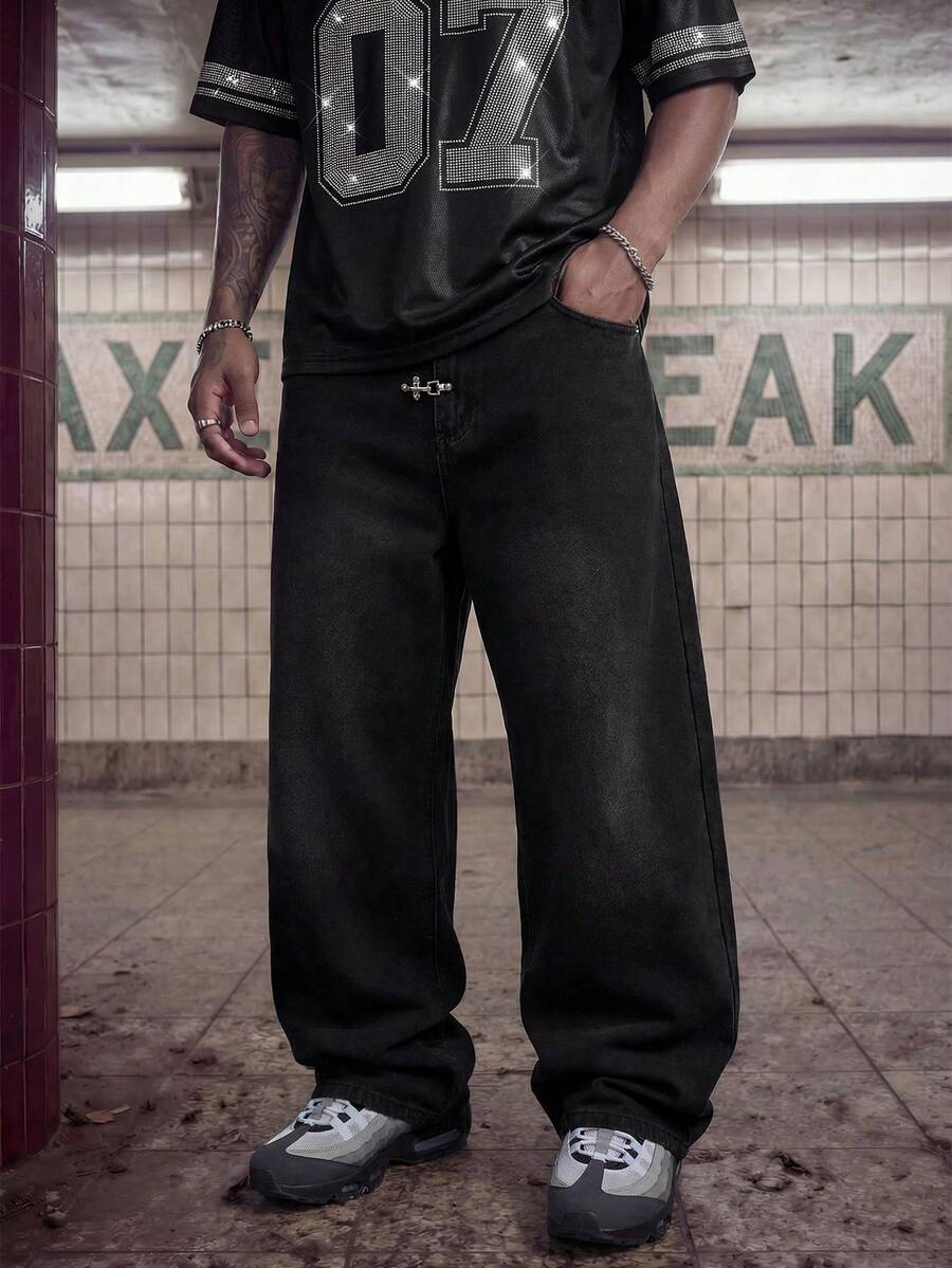 Fashionable Straight Loose Fit Patchwork Frayed Hem Men's Baggy Denim Jeans, Streetwear Style