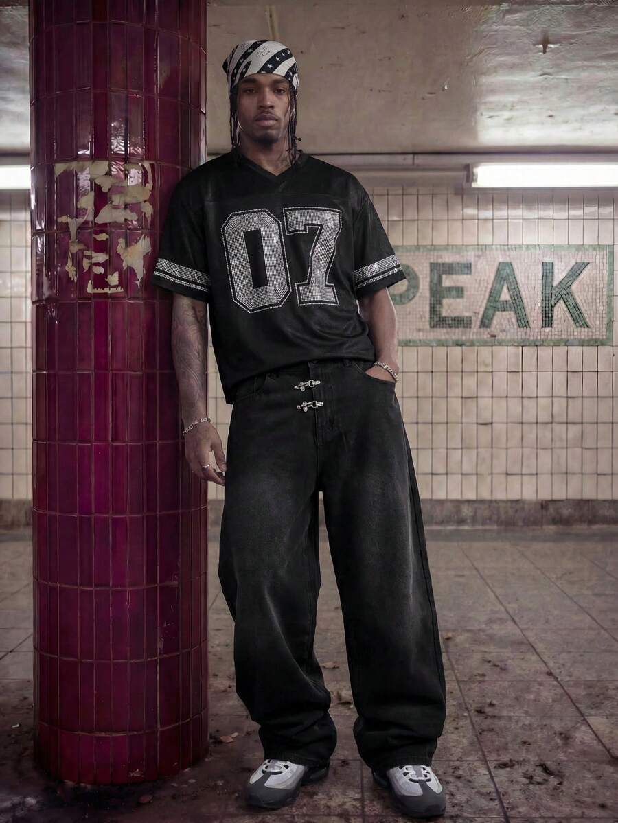 Fashionable Straight Loose Fit Patchwork Frayed Hem Men's Baggy Denim Jeans, Streetwear Style