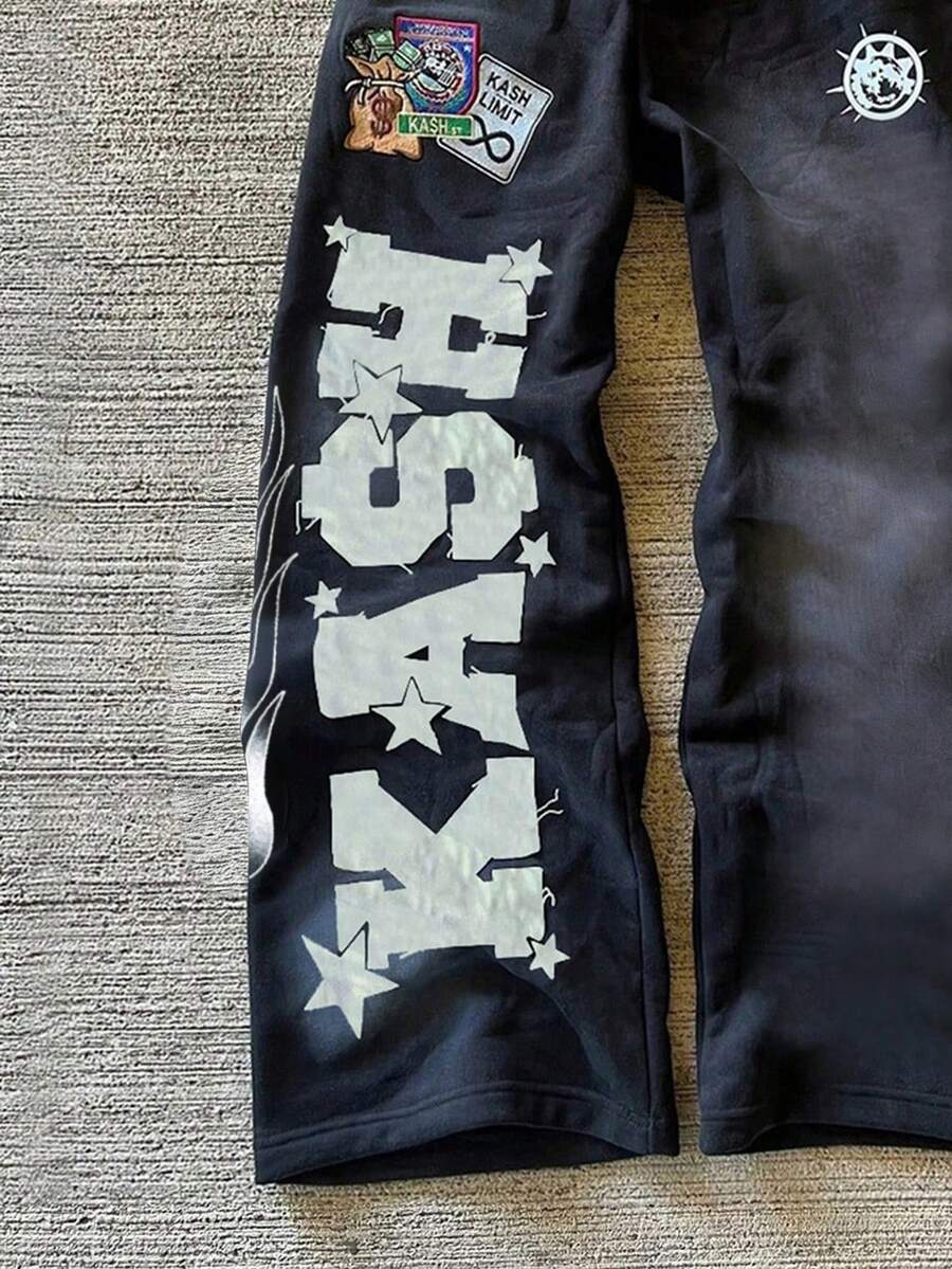 Men's Letter Embroidery Distressed Sweatpants