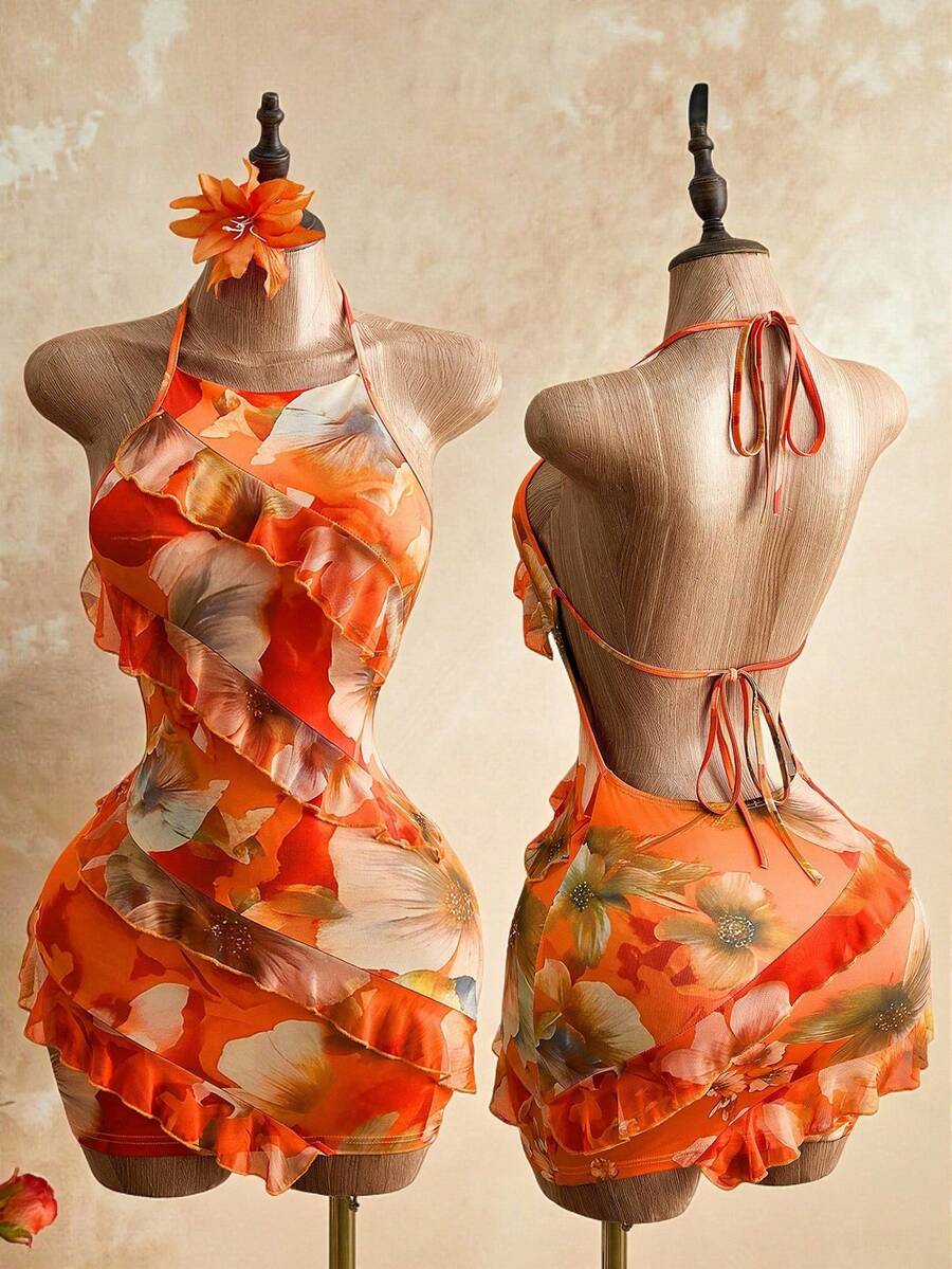 Floral Print Ruffled Halter Mini Dress