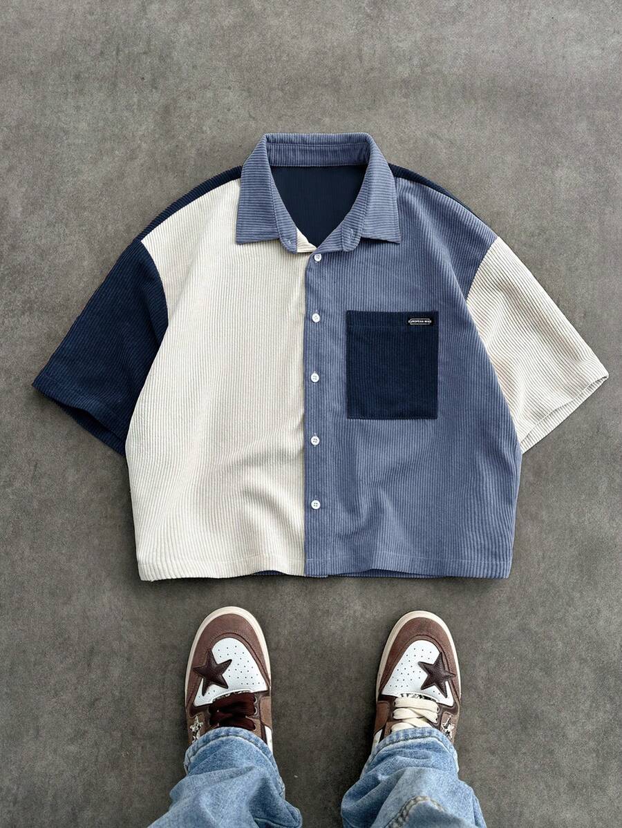 Men's Corduroy Patchwork Short Sleeve Shirt