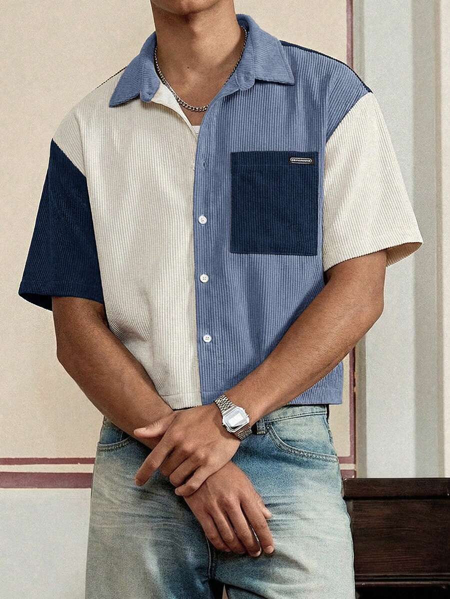 Men's Corduroy Patchwork Short Sleeve Shirt