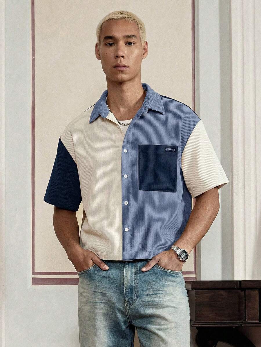 Men's Corduroy Patchwork Short Sleeve Shirt