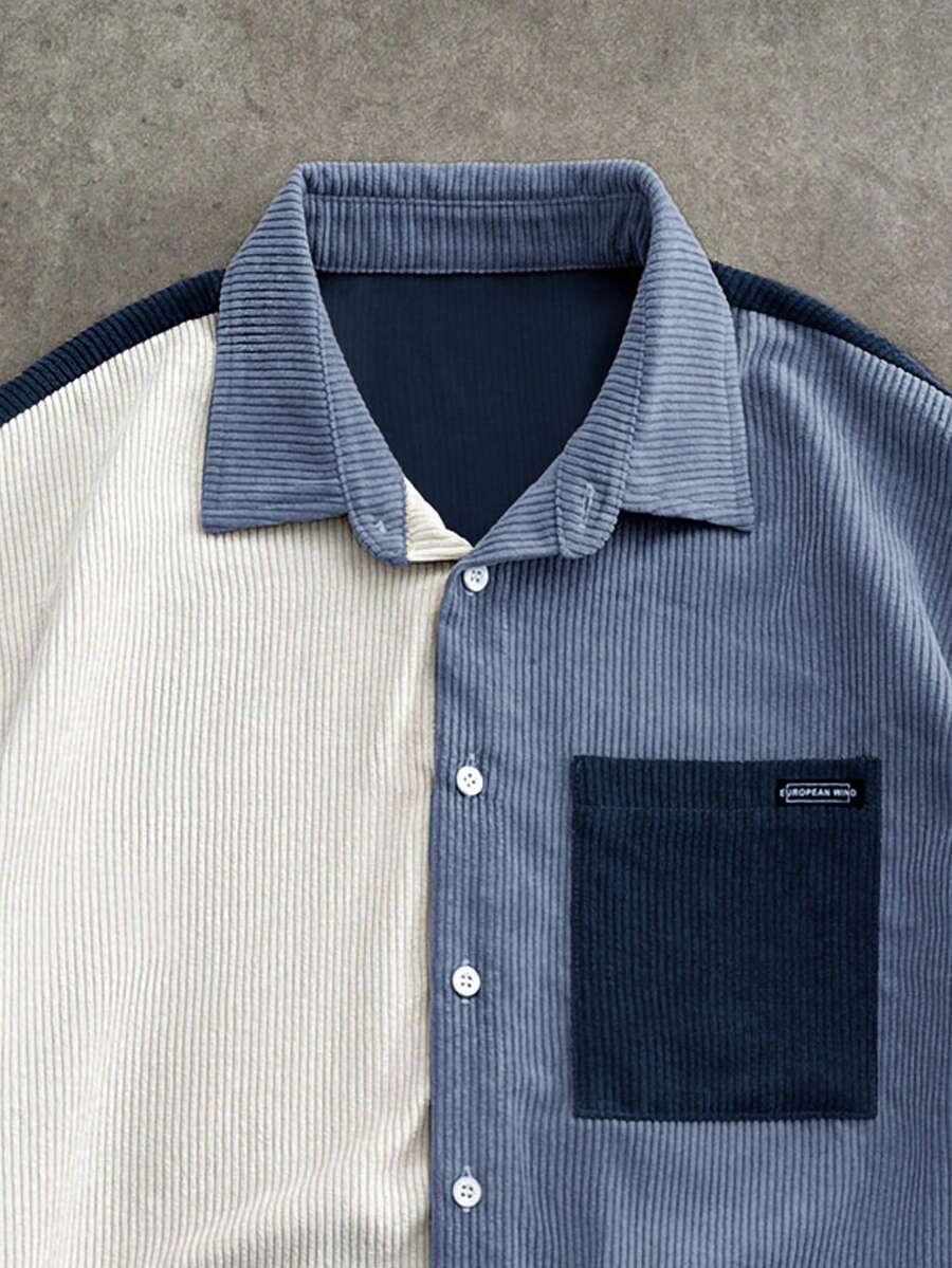 Men's Corduroy Patchwork Short Sleeve Shirt