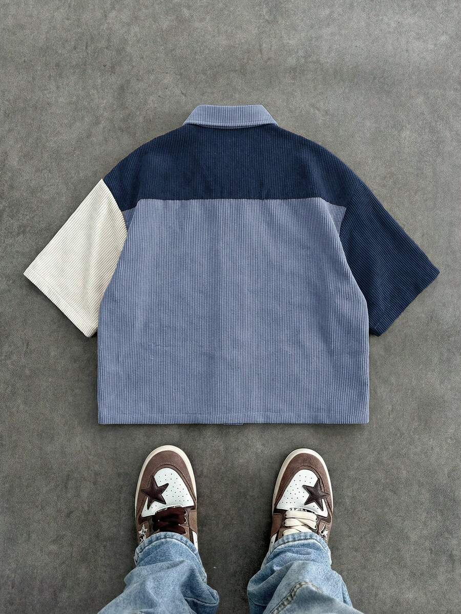 Men's Corduroy Patchwork Short Sleeve Shirt