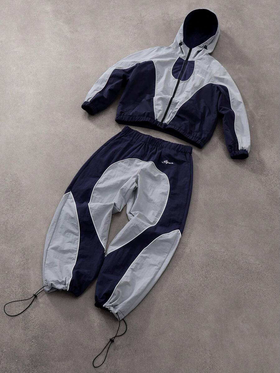 Men's Two-Tone Zip Front Hoodie & Drawstring Pants Casual Tracksuit Set