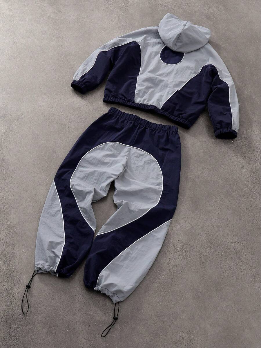 Men's Two-Tone Zip Front Hoodie & Drawstring Pants Casual Tracksuit Set