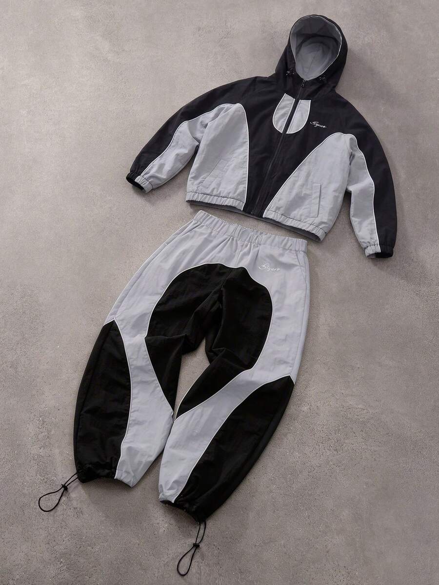 Men's Two-Tone Zip Front Hoodie & Drawstring Pants Casual Tracksuit Set