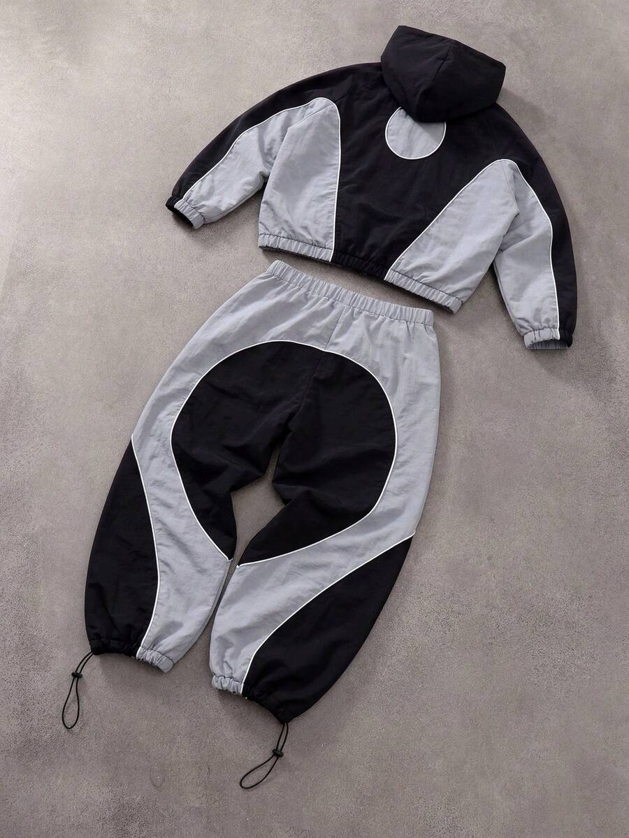 Men's Two-Tone Zip Front Hoodie & Drawstring Pants Casual Tracksuit Set