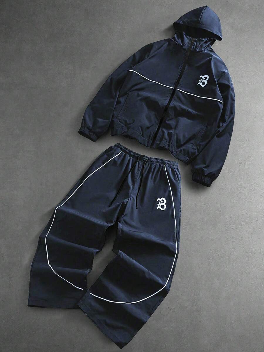 Men's Letter Print Hooded Zip-Up Jacket And Contrast Trim Pants 2Piece Set