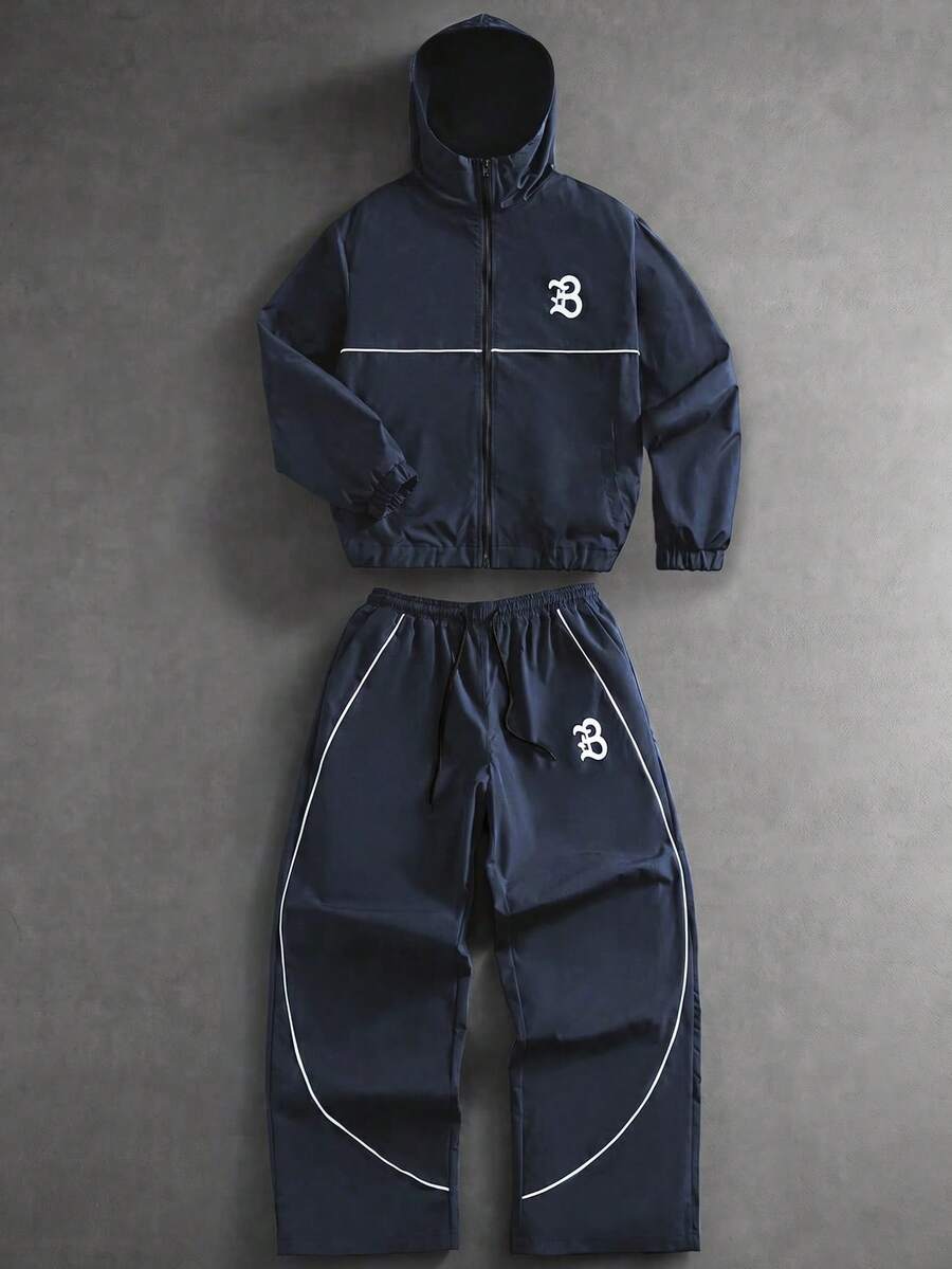 Men's Letter Print Hooded Zip-Up Jacket And Contrast Trim Pants 2Piece Set