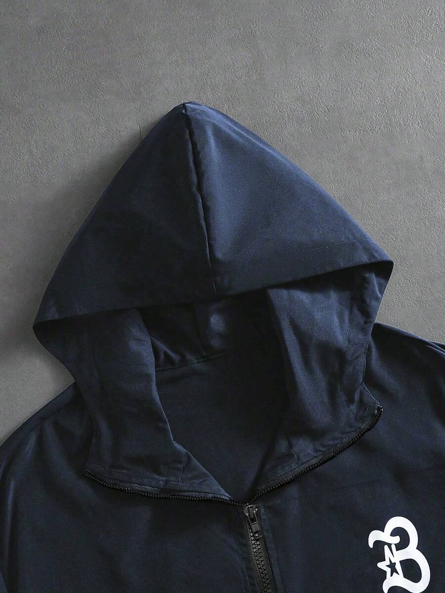 Men's Letter Print Hooded Zip-Up Jacket And Contrast Trim Pants 2Piece Set