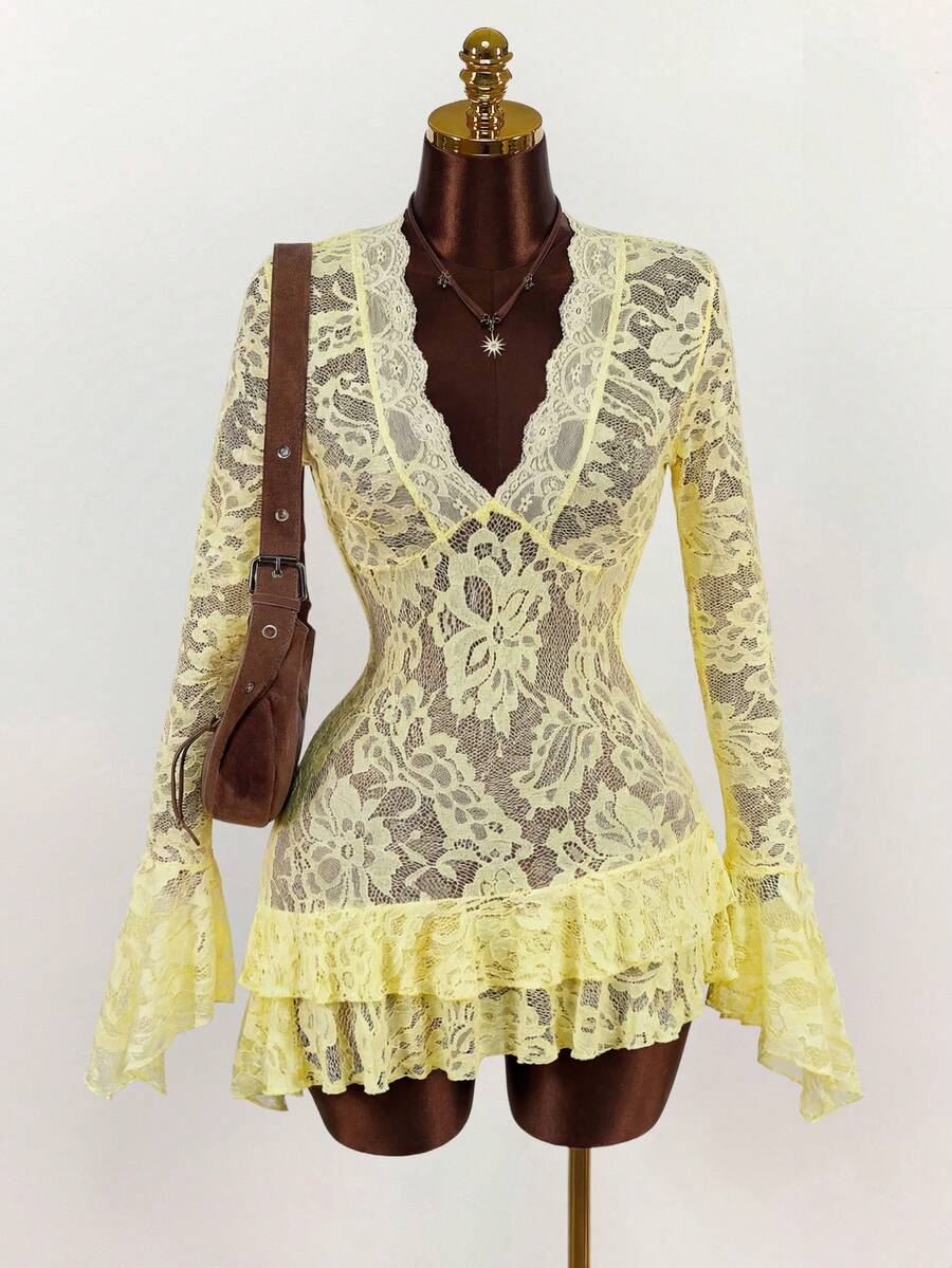 Sheer Low-Cut Hippie Style Mini Dress