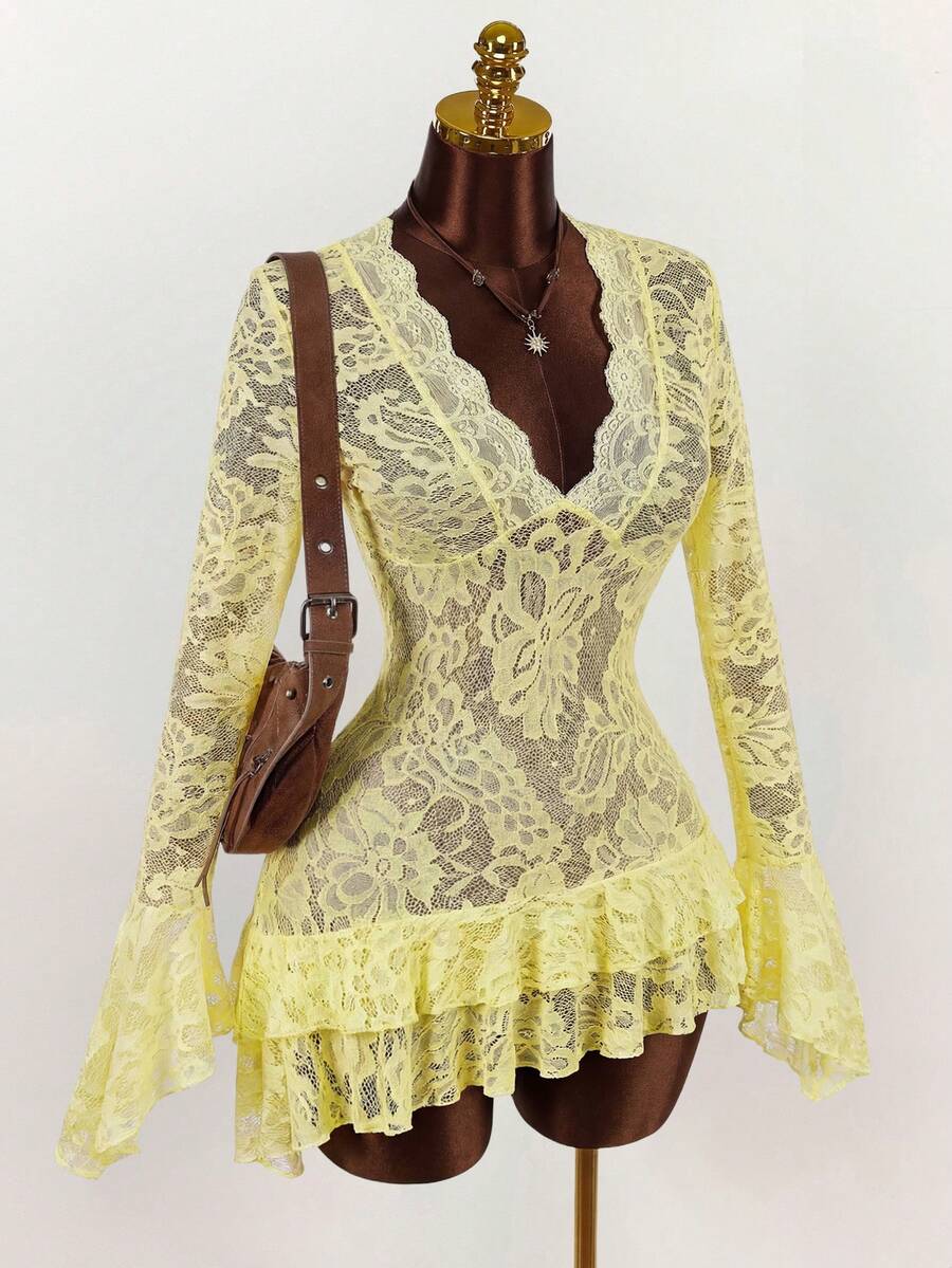 Sheer Low-Cut Hippie Style Mini Dress