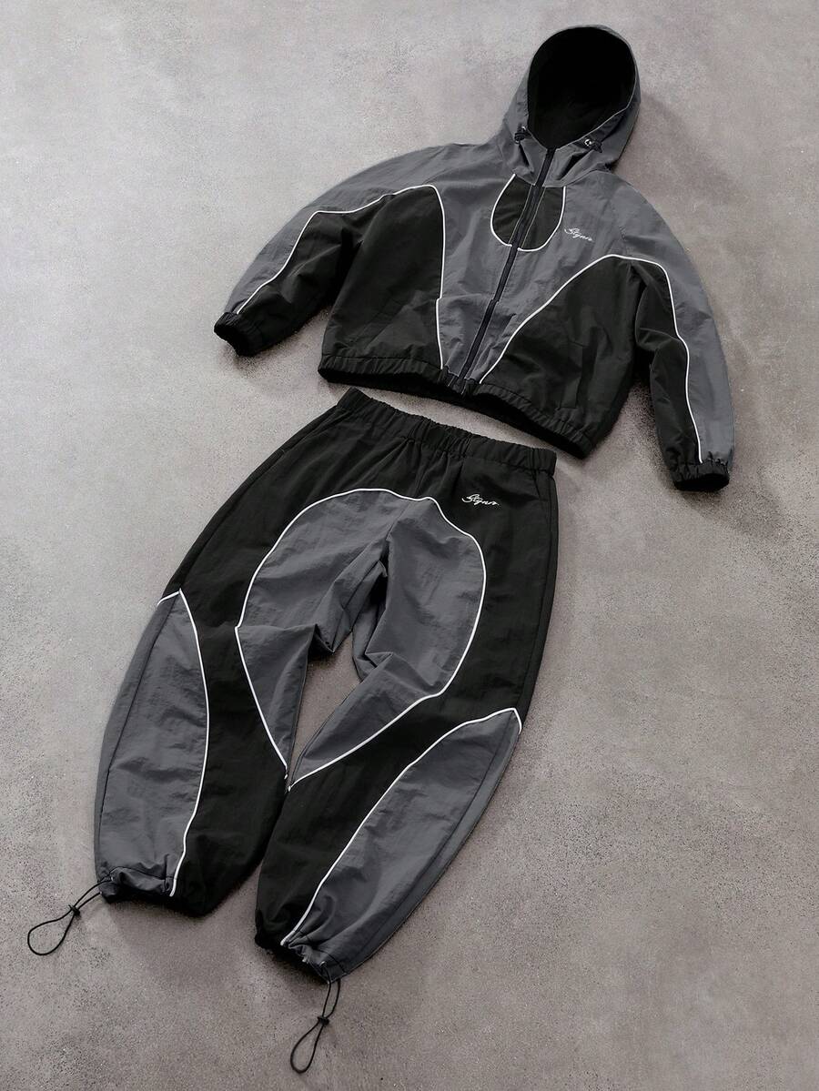 Men's Two-Tone Zip Front Hoodie & Drawstring Pants Casual Tracksuit Set