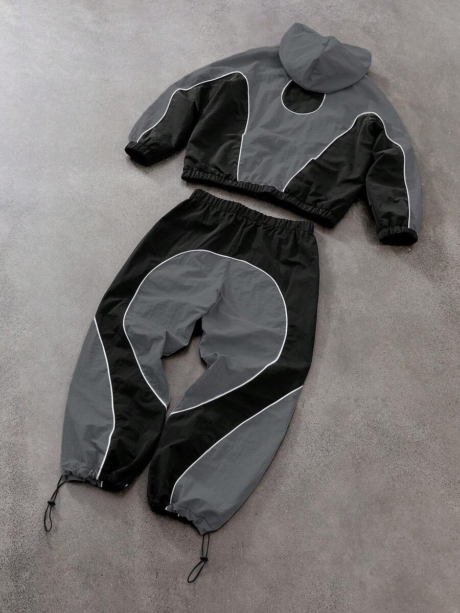 Men's Two-Tone Zip Front Hoodie & Drawstring Pants Casual Tracksuit Set