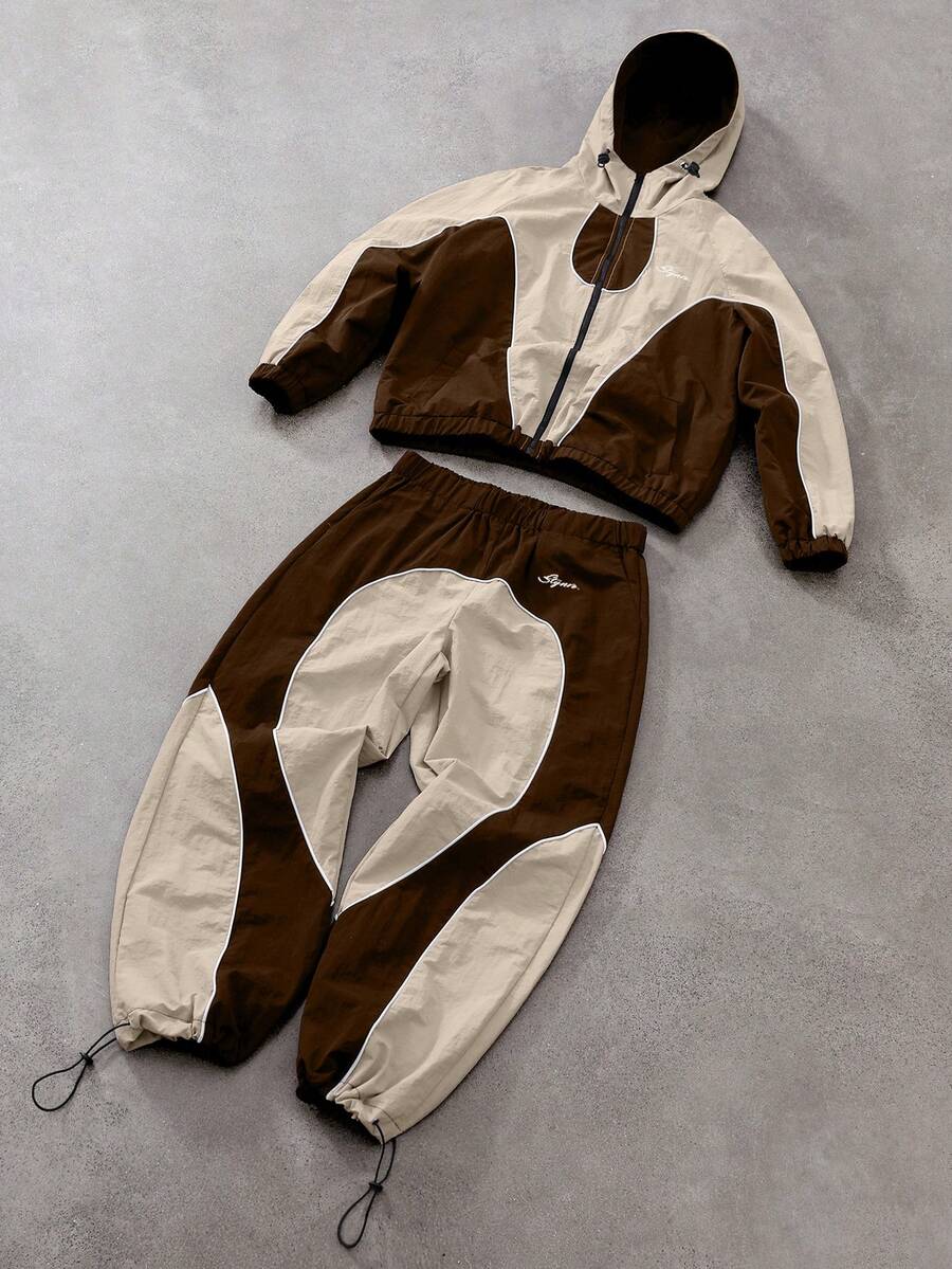 Men's Two-Tone Zip Front Hoodie & Drawstring Pants Casual Tracksuit Set