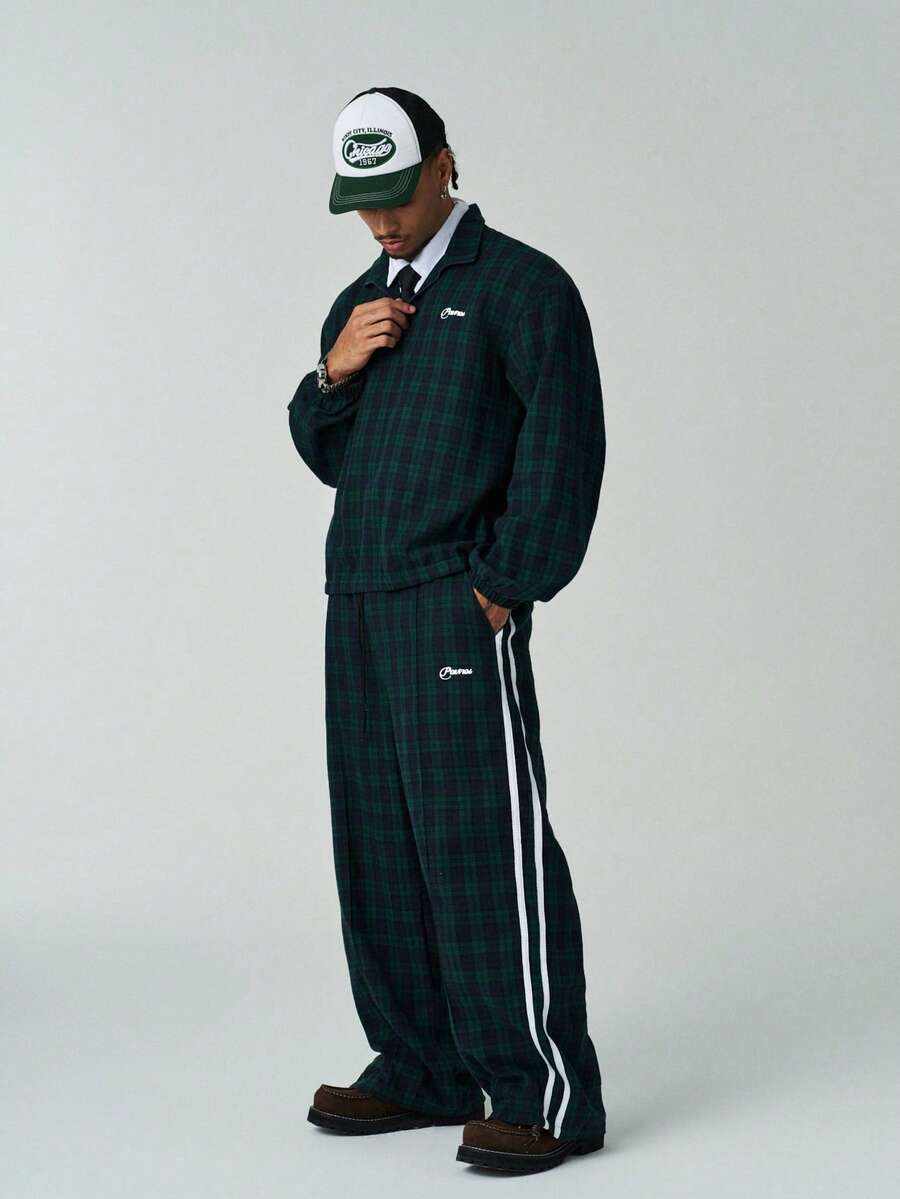 Men's Plaid & Letter Print Long Sleeve Shirt And Pants 2 Piece Set