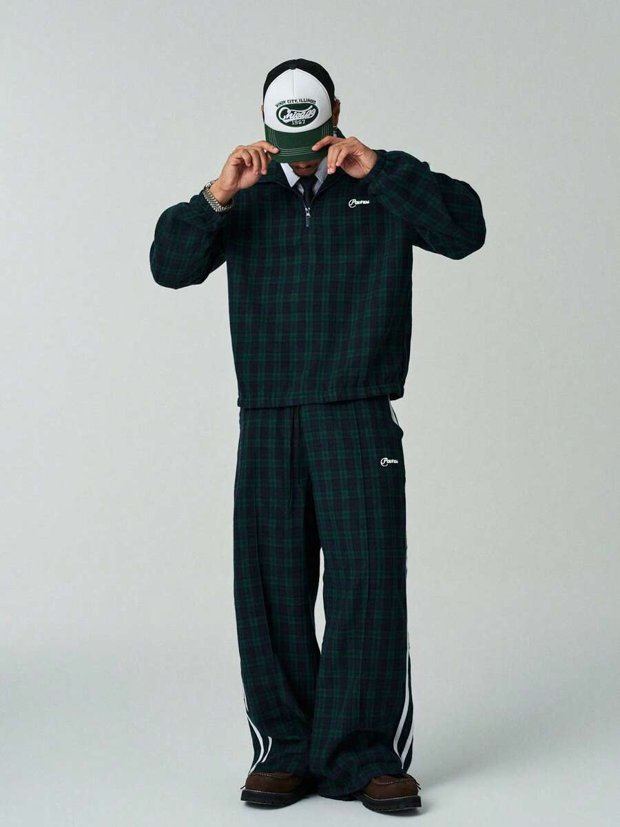 Men's Plaid & Letter Print Long Sleeve Shirt And Pants 2 Piece Set