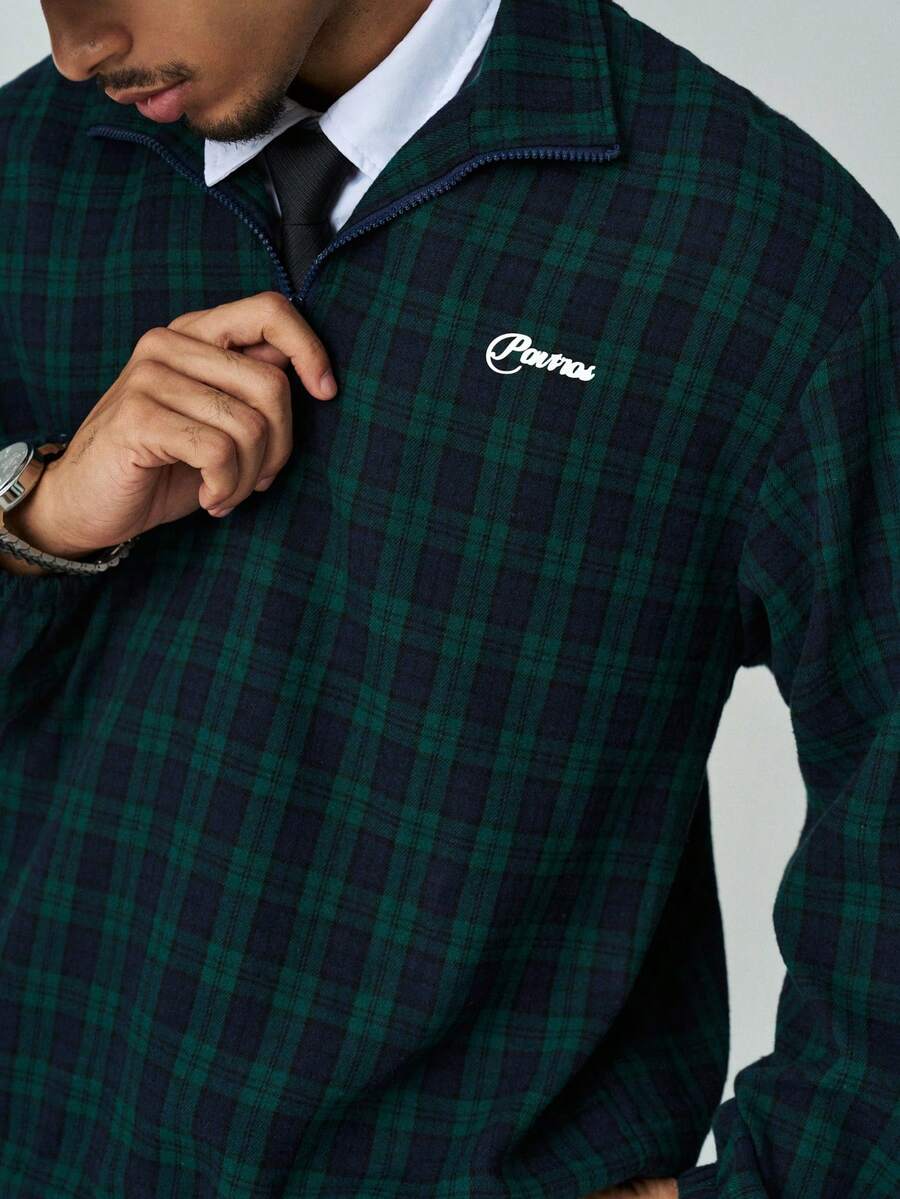 Men's Plaid & Letter Print Long Sleeve Shirt And Pants 2 Piece Set