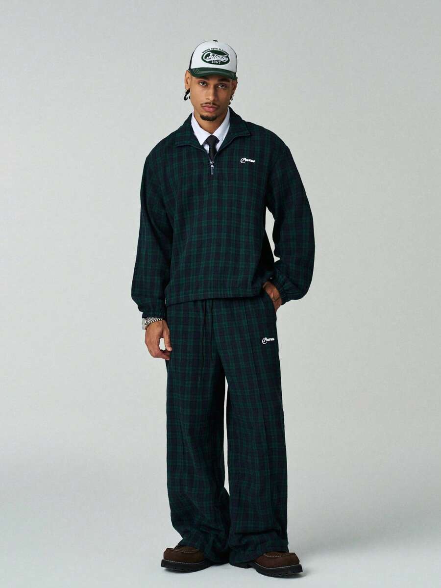 Men's Plaid & Letter Print Long Sleeve Shirt And Pants 2 Piece Set