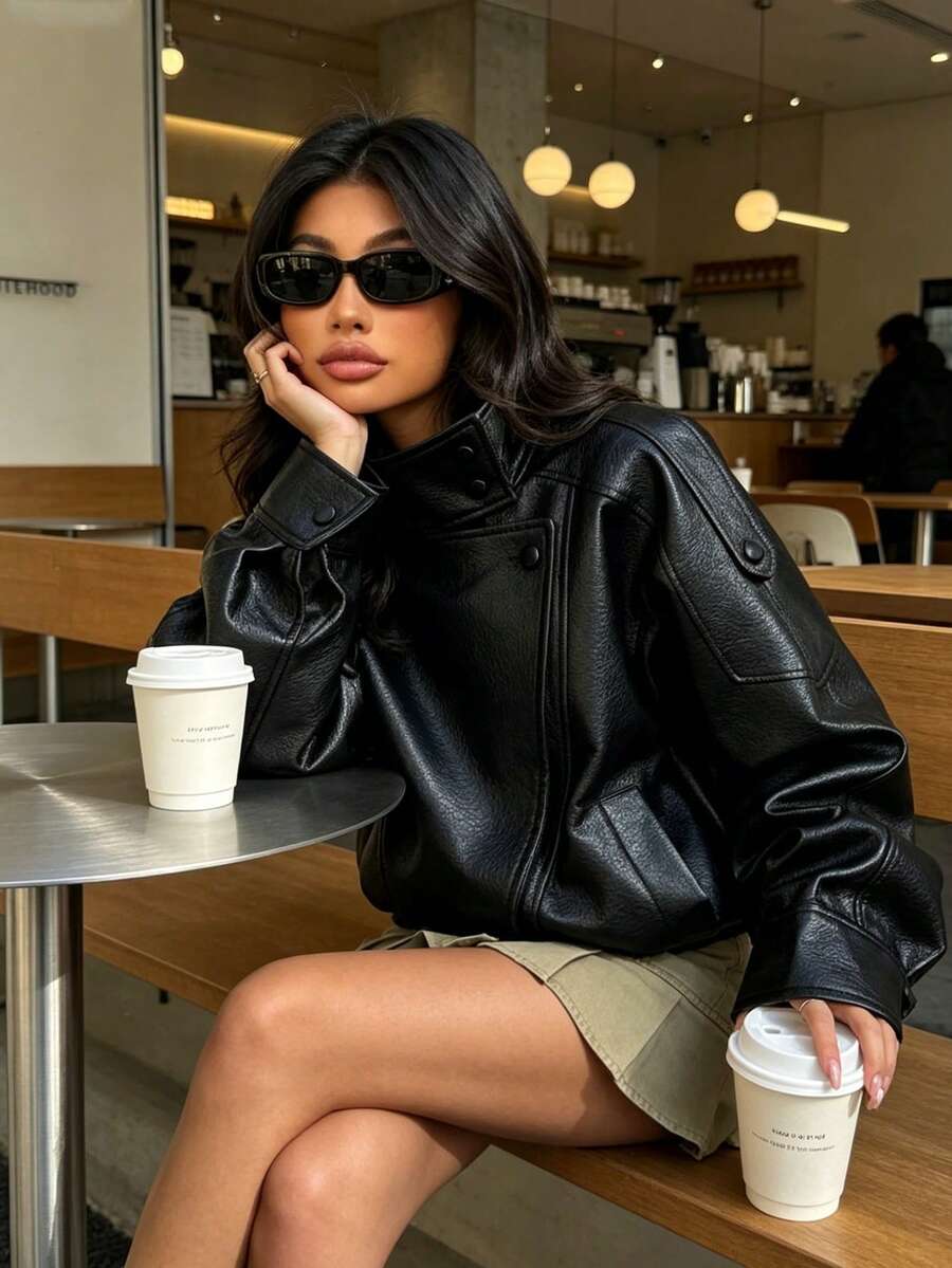 Women's Stand Collar PU Leather Jacket,