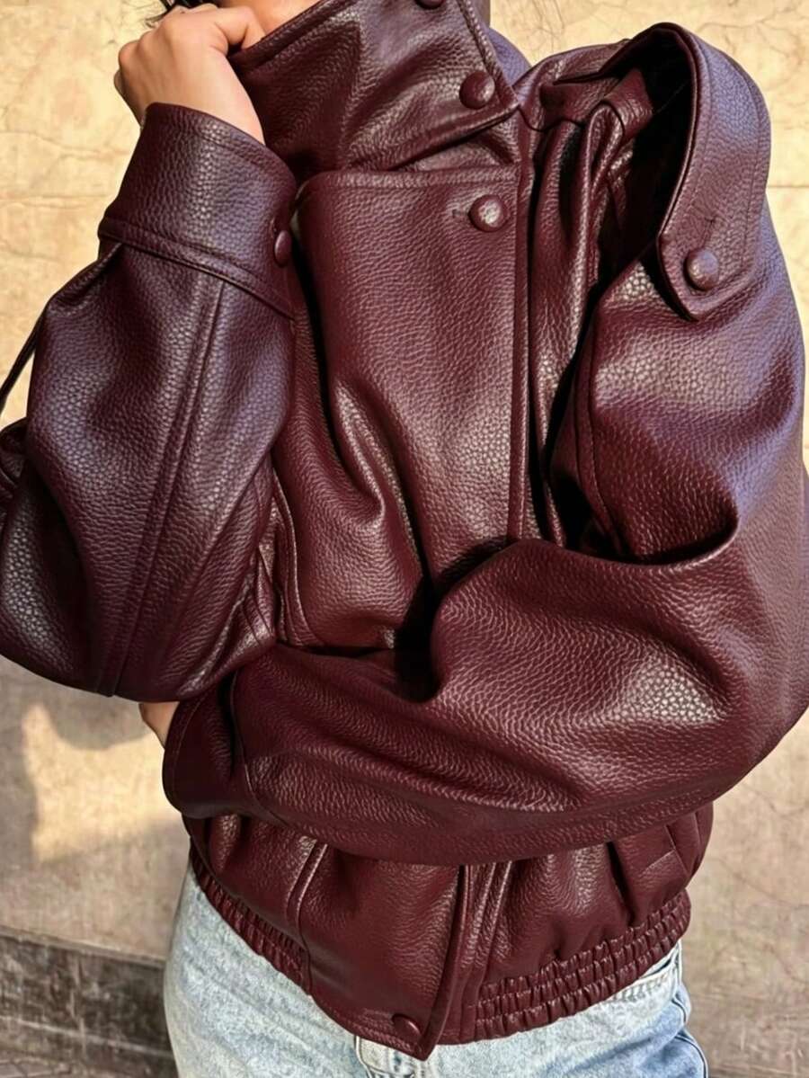 Women's Stand Collar PU Leather Jacket,