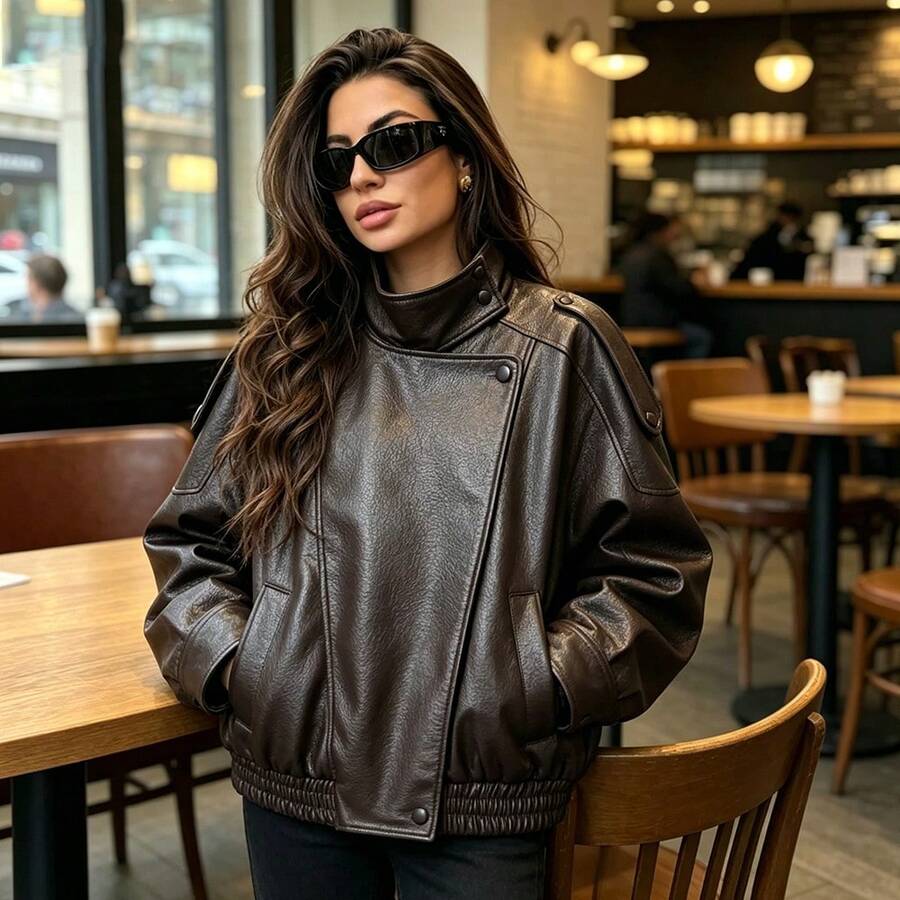 Women's Stand Collar PU Leather Jacket,