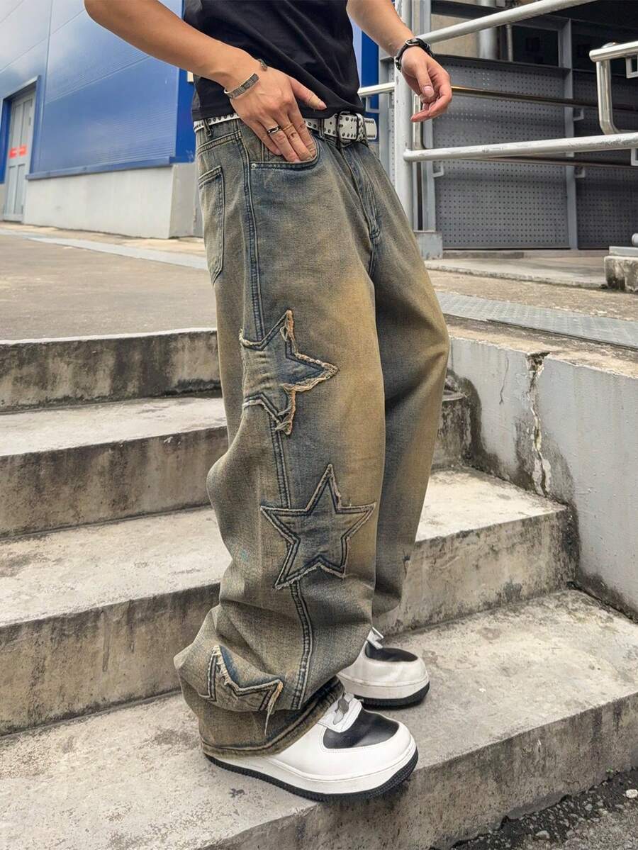 Men's Cross Embroidered Denim Jeans