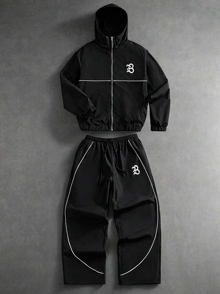 Men's Letter Print Hooded Zip-Up Jacket And Contrast Trim Pants 2Piece Set