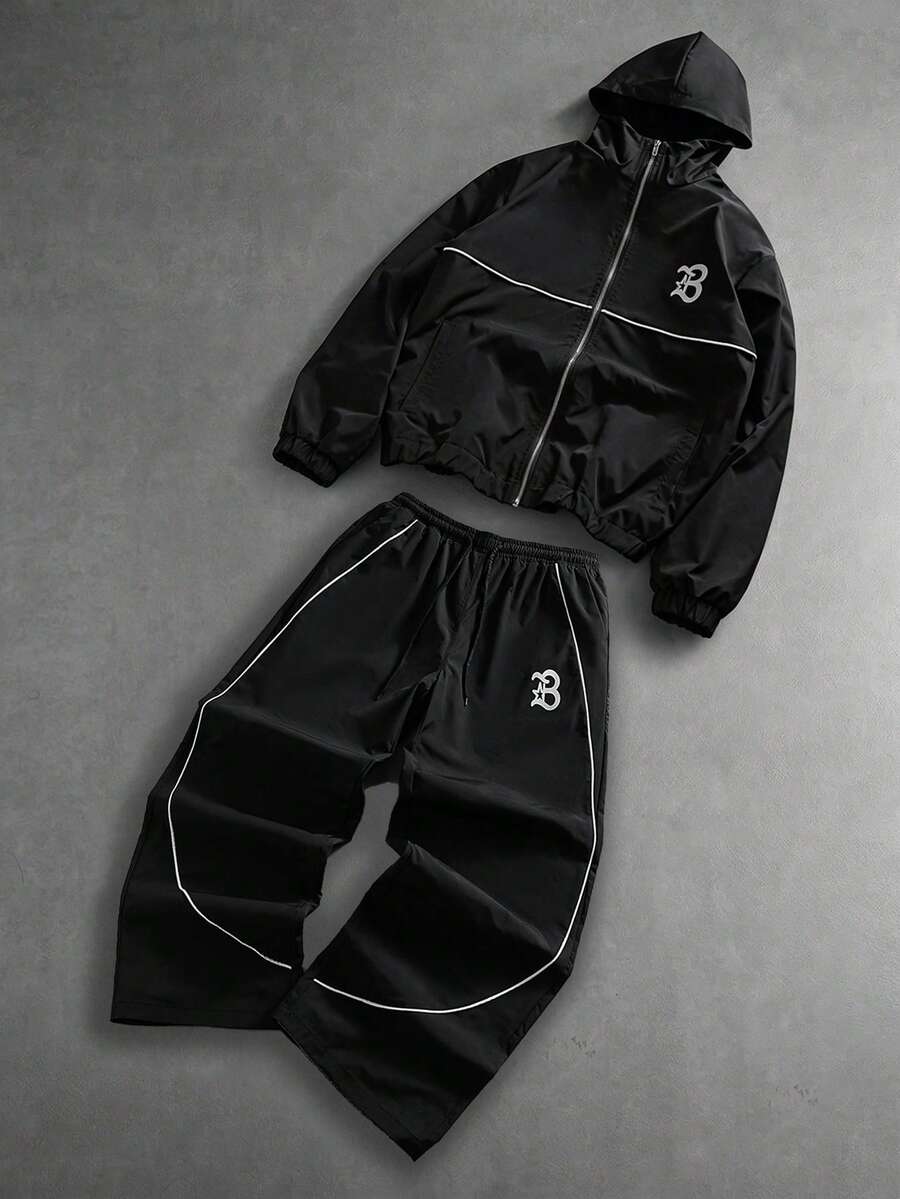 Men's Letter Print Hooded Zip-Up Jacket And Contrast Trim Pants 2Piece Set